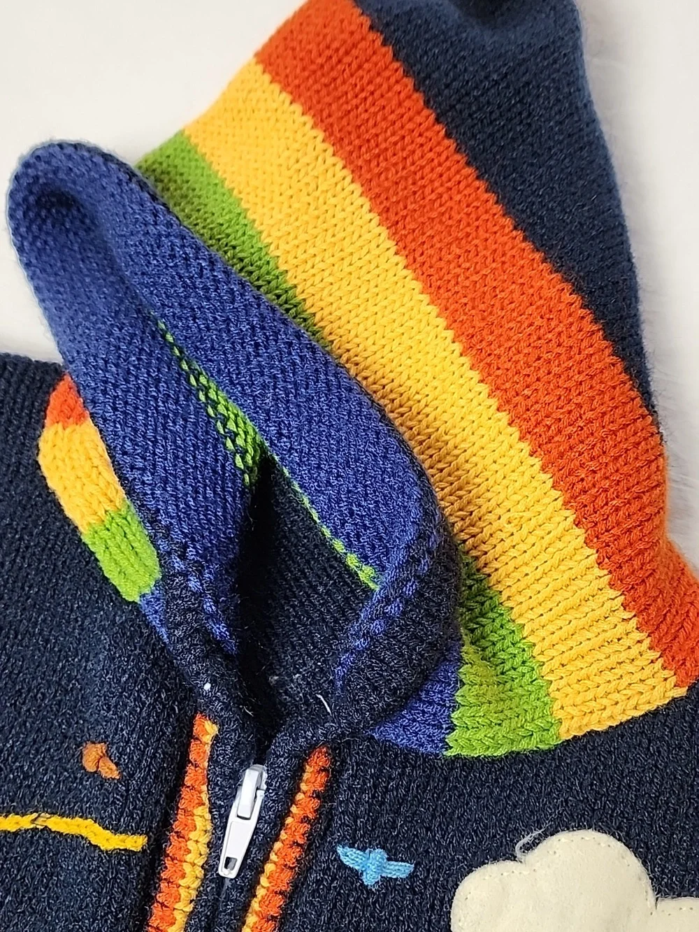 Peruvian Child's Colorful Hand-Knit Hooded Zip Cardigan Animals Rainbow Stripes - Picture 9 of 11